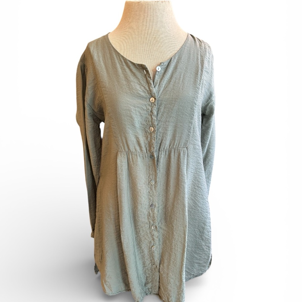 cut loose Olive Green Button-Front Long Sleeve Tunic Boho Resort - Picture 1 of 7